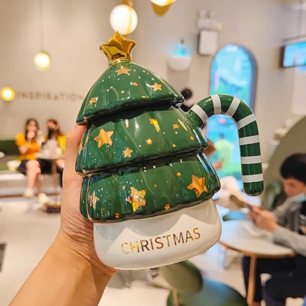 450ml Christmas Tree Creative Christmas Mugg med lock Keramisk Mugg Kaffekopp green
