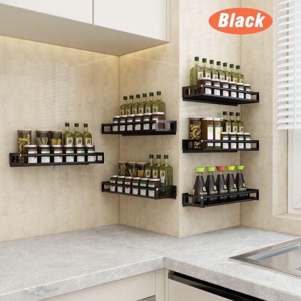 Multi-Purpose Køkken Opbevaring Vægmontering Spice Rack Hyldebeslag Black-20cm  273