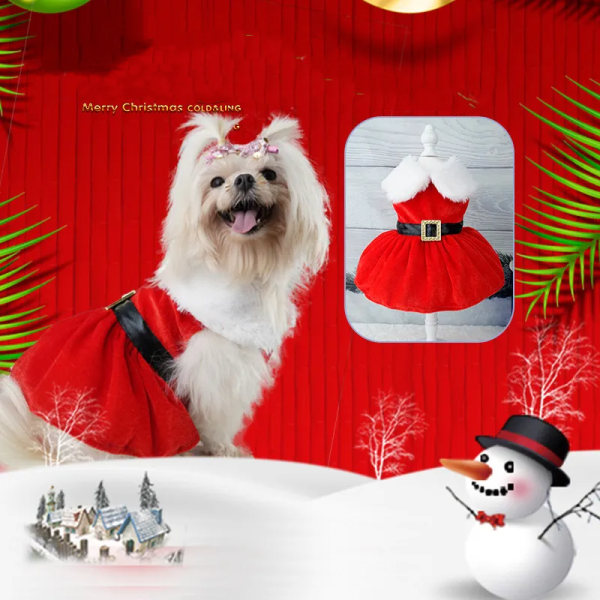 Joulutakki Koiran vaatteet Koiran mekko Joulumekko Punainen Hame Lemmikit Kissa Lämmin Mekko Rusettihame Black Belt L
