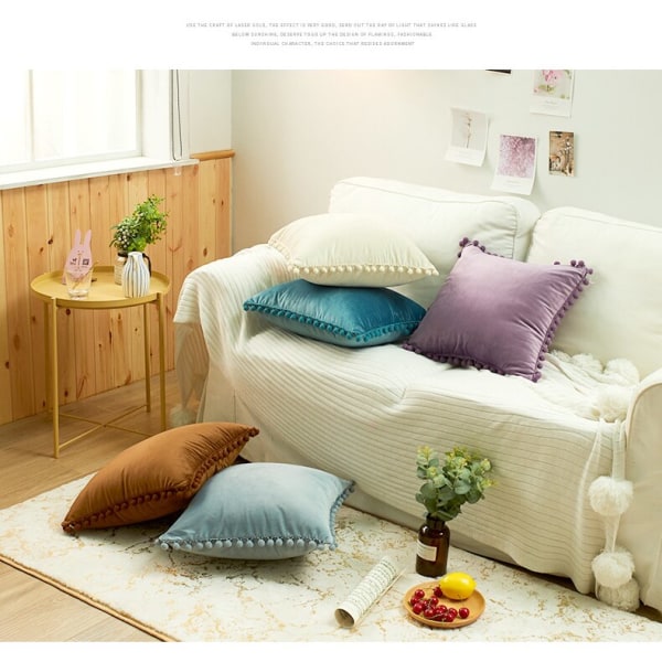 Pudebetræk Pompoms Kanter Ultra Soft Velvet Pudebetræk Sofa Sofa Lændepudebetræk Azure 45X45CM