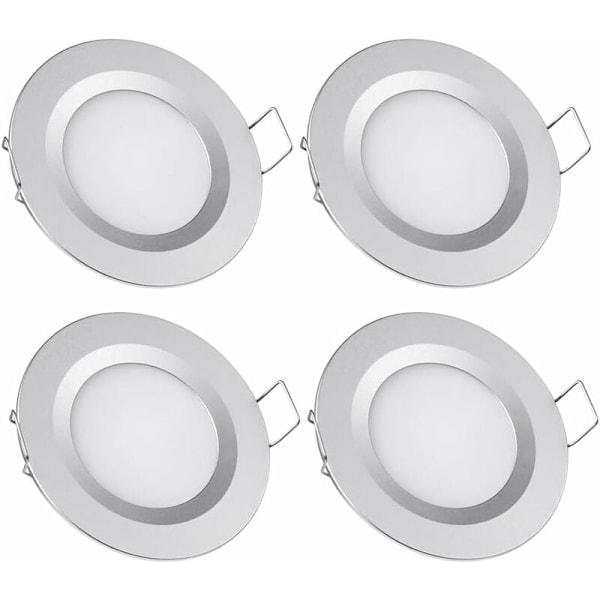 4 x LED Innfelt Spotlys 12V Hull 58-65mm 3W 6400K Innfelt Taklampe for Bobil Båt Campingvogn Van Yacht Kald Hvit (Sølv Finish)