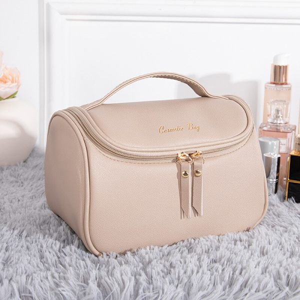 PU læder stor kosmetisk dame lynlås vandtæt makeup taske beige 15*14*23cm