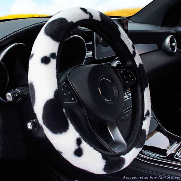 Bilratdæksel Leopardprint Anti-Slip blød plys black+white 38cm(diameter)