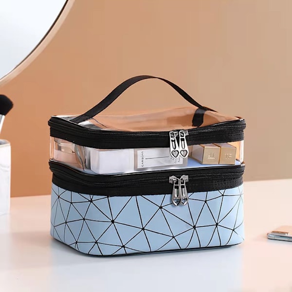 Multifunktions dobbeltlag Transparent kosmetisk makeuptaske silver 23*16*17cm