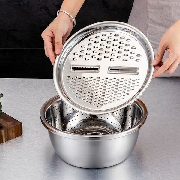3 i 1 grøntsagsskærer afløbskurv rustfrit stål grøntsags julienne rivejern Salatmaskine skål Køkken gadgets Silver