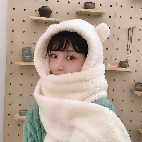 Mode Vinter Kvinnor Nyhet Beanies Kepsar Varm Bear Ear Hat Set White