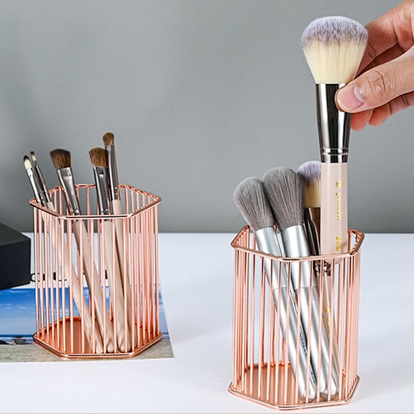 Sexkantig pennhållare Sminkborsthållare Desktopförvaringsställ rose gold