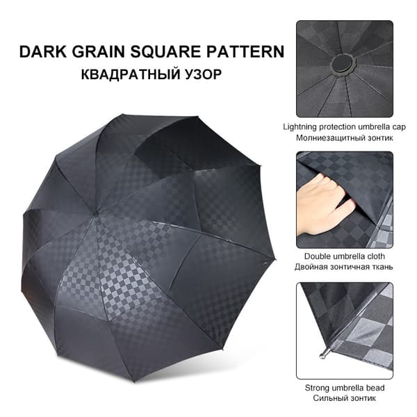 Kaksikerroksinen Dark Grid Rain Windproof Business Sateenvarjo Black