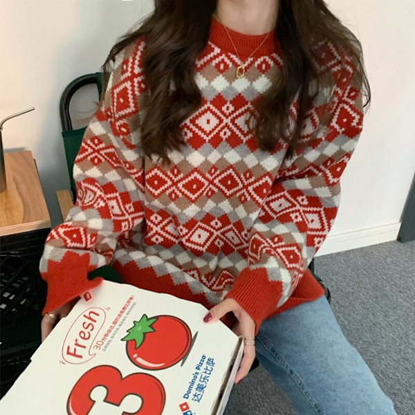dam stickad tröja höst vinter jul pullover dam coffee one size