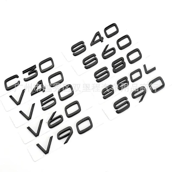 3d sort bilkoffertbokstäver til Volvo V40 V50 V60 V90 S40 S60 S80 S90 Xc40 Xc60 Xc90 Emblem Logotyp Badge Sticker Tillbehör V90 Chrome