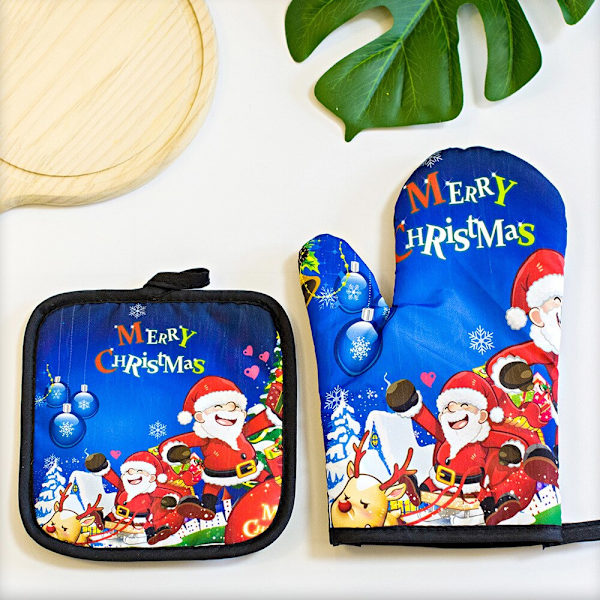 2st/ set Köks Anti-het Handskar Jul Mikrovågsugn Handske blue Santa Claus