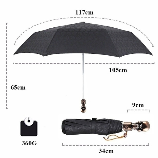 105CM 3 vikbart Creative Skull Handtag Automatiskt stort paraply black