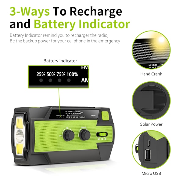 4000 mAh kampiradio aurinkokennolla ja virtapankilla green