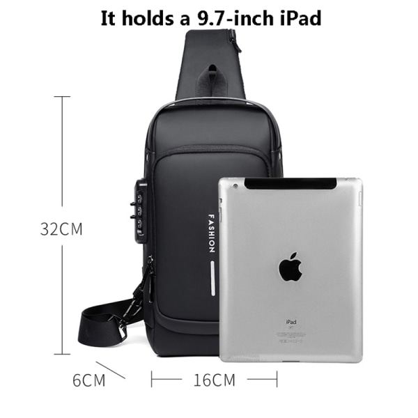 Miesten monitoiminen varkaudenesto USB olkalaukku Crossbody-laukku black 16*6*32cm