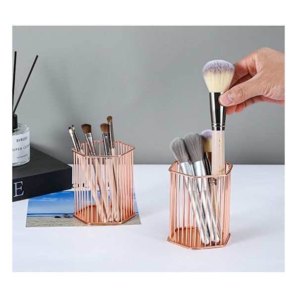 Sexkantig pennhållare Sminkborsthållare Desktopförvaringsställ rose gold