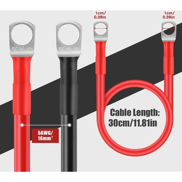 "2 bil 12V akku Koppar 30cm 16mm²/5awg batterikabel med öglor för motorcyklar Butiksbesök threvel"