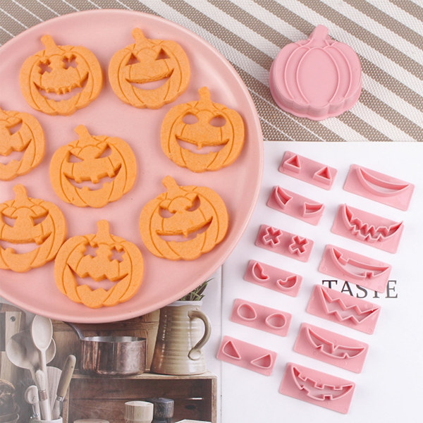 13 st Halloween Pumpa Kex Utskärare Kakstämplar Fondant Form Plast Kakformar Baktillbehör