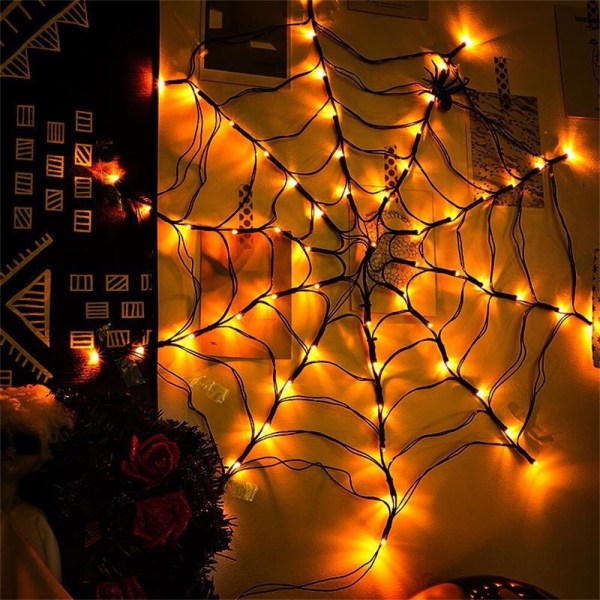 Halloween Led Spider Web String Lights Fjernbetjeningsnet spider  web Warm light