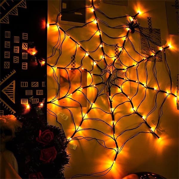Halloween Led Spider Web String Lights -kaukosäädinverkko spider  web Warm light