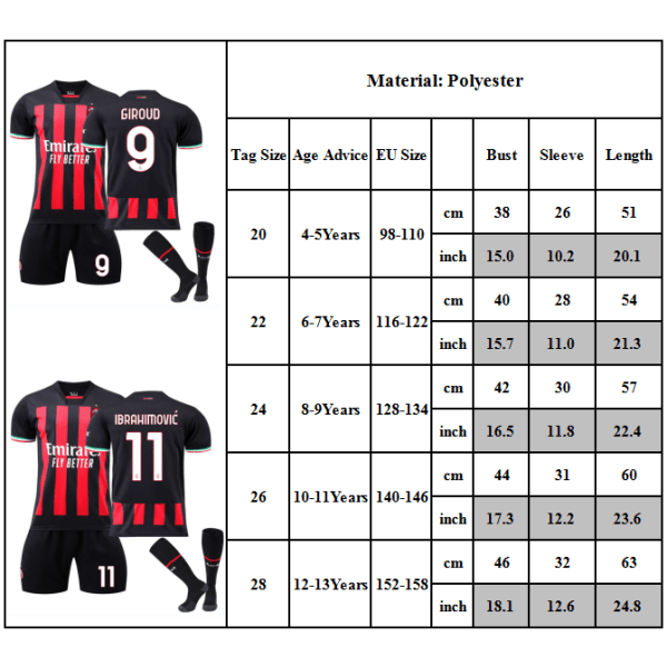 Barnfotboll MADRID Milan Hemmabollsträningsdräkt och strumpor - hög kvalitet 11 20#