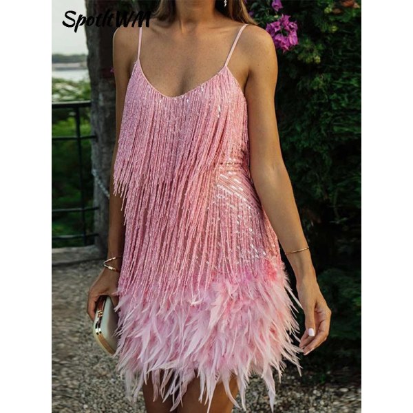 Paljettfransad fjäderklänning med spaghettiband pink XL