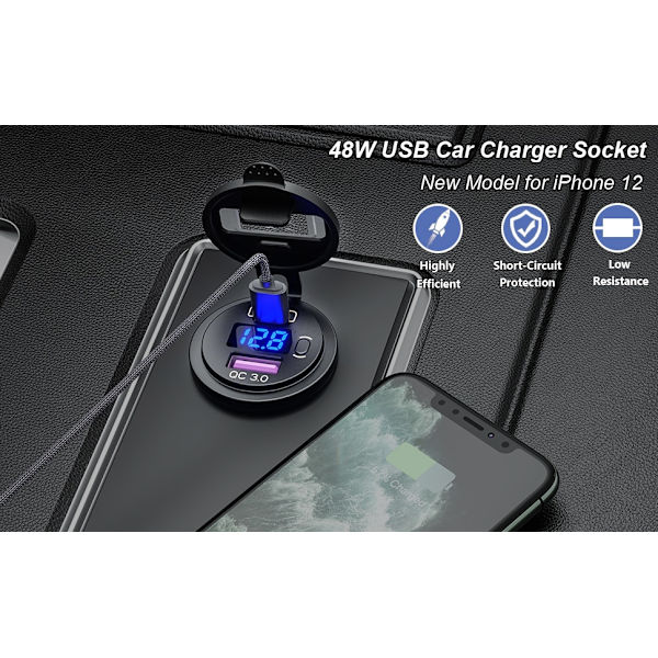 USB Type C -auton USB laturipistoke, 12V/24V Dual USB -lähtö black with green light with 60cm wire
