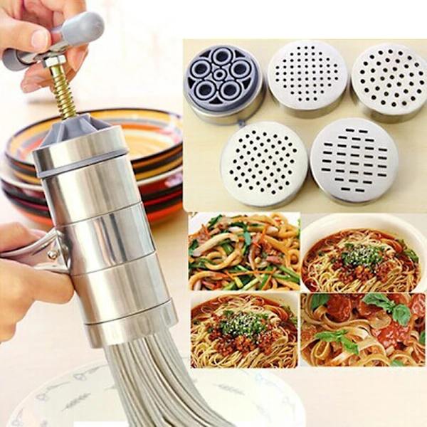 Manuell nudelmaskin i rostfritt stål presspastamaskin silver With 5 moulds