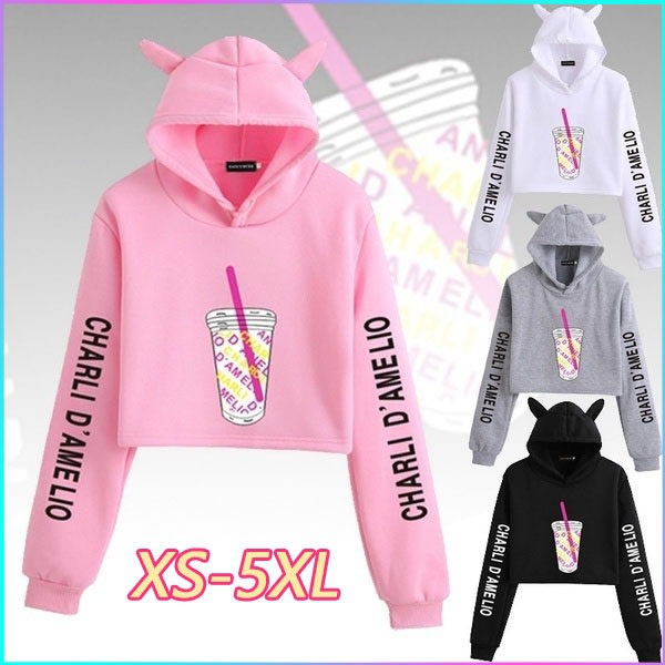 kvinders katteører beskåret sweatshirt afslappet harajuku hættetrøje Pink XXS-Broken clothes