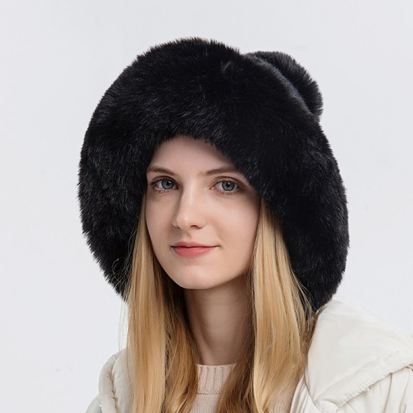 Vinter varm stickad mössa päls öronlapp Tjocka plysch fluffig cap black 56-58cm