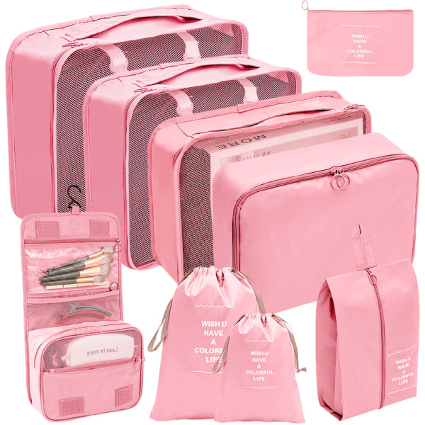 9 sæt pakker Bagagepackningsorganisatorer til resetilbehør Pink
