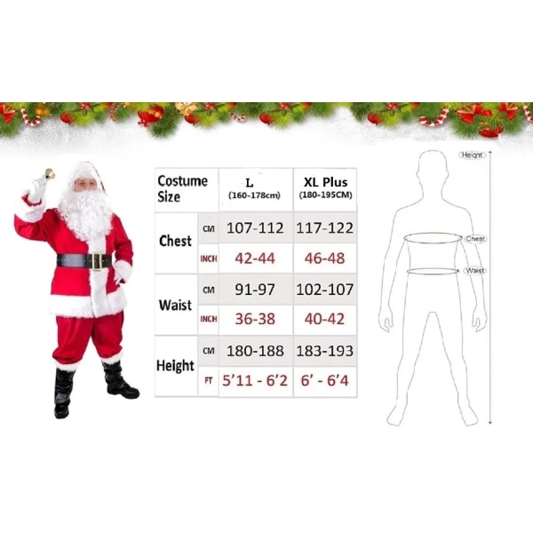 Joulupukin puku, 7 kpl, täydellinen joulupukuasu aikuisille cosplay-pukkipukulle plus santa l(160-178cm)