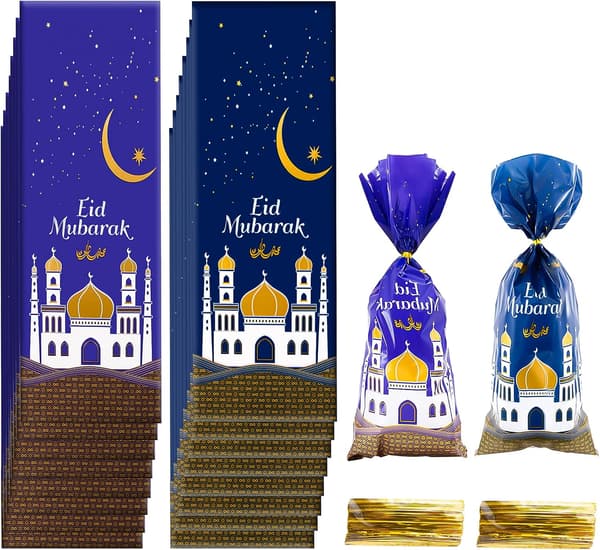 100 bitar Ramadan presentpåsar, blå och lila godispåsar