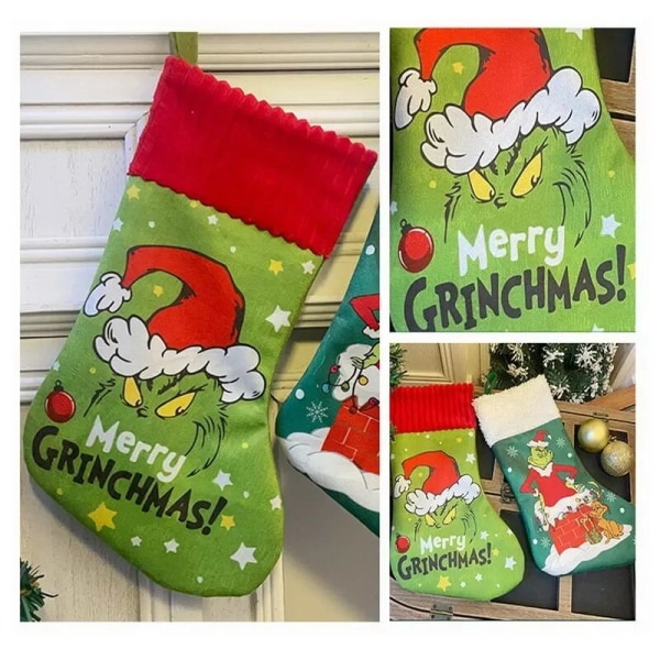 Grønne sokker julegaveposer tegneserie julemand juletræ vedhæng red socks 35x20cm