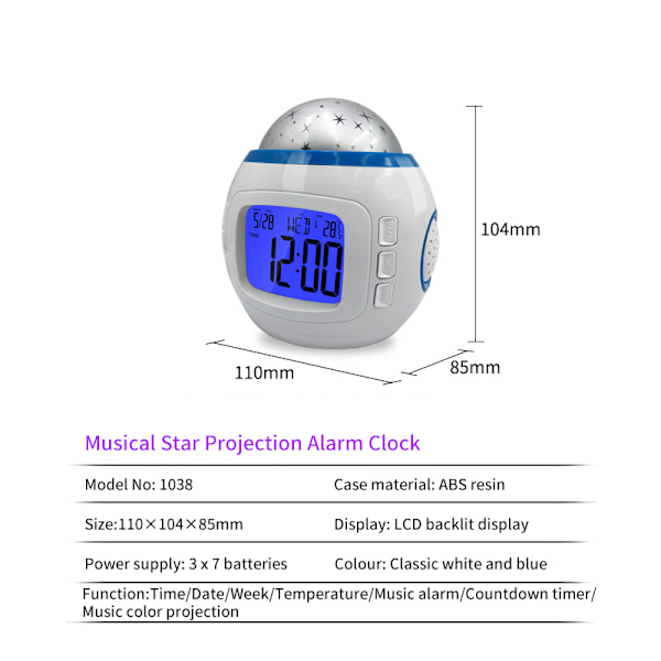 Musiikkitähti herätyskellon väriä vaihtava projektorin yölamppu white 104*110*85mm