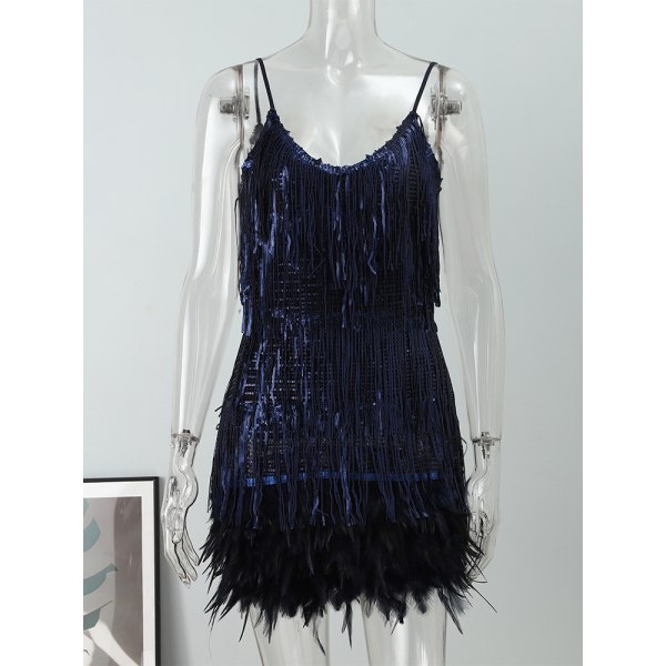 Paljettfransad fjäderklänning med spaghettiband dark blue S