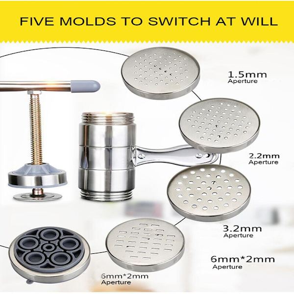 Manuel nudelmaskine i rustfrit stål Press Pasta Machine Cutter silver With 5 moulds