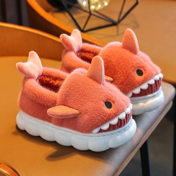 Barntofflor Ylleskor för pojkar Flickor Sandaler Vinter Indoor Shark Tofflor red 26-27(insole 17cm)
