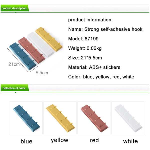 Køkken Badeværelse Opbevaring Strong Sticky 4 Hook red 21*5.5cm