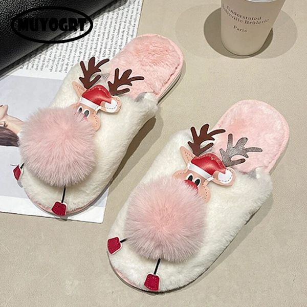 Christmas Elk Plys Hjem Hjemmesko Dame Vinter Warm Furry Slides Sko black 40-41(fit 39-40)