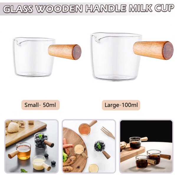 1/2 st Mini Glas Mjölkkopp Gräddkanna Med Trähandtag Litet glas Kaffe Mjölk Kanna Vinäger Såskoppar Köksredskap 50ml 2pcs