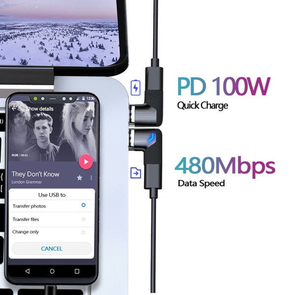 Magnetisk USB C Adapter Right Angle PD 100W Svart