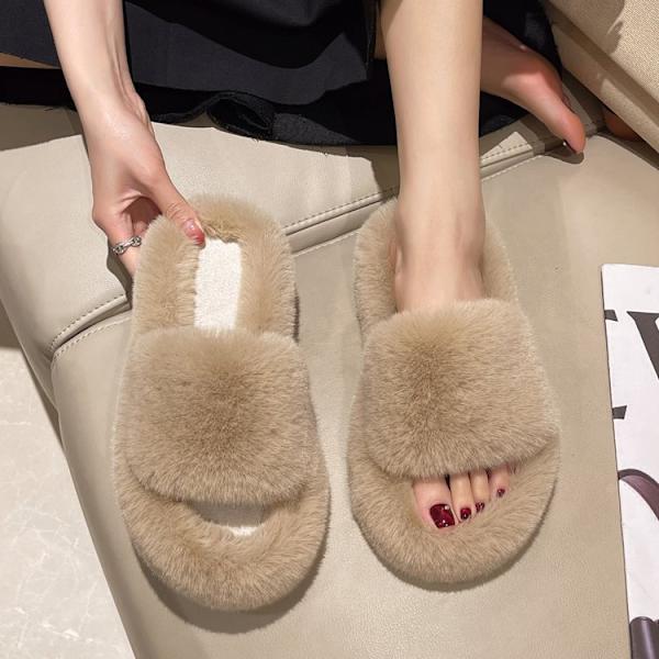Dame Fluffy Slippers Vinter Pels Rutsjebaner Varm Flip Flop khaki 41