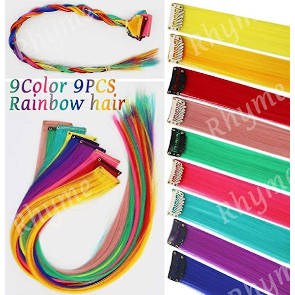 Rainbow Hair Extensions Färgat hårförlängning Clip In/on 9 st