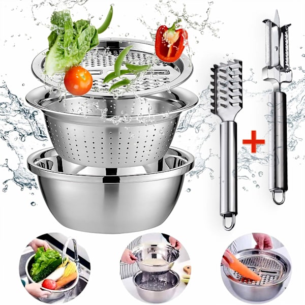 3 i 1 grøntsagsskærer afløbskurv rustfrit stål grøntsags julienne rivejern Salatmaskine skål Køkken gadgets Silver