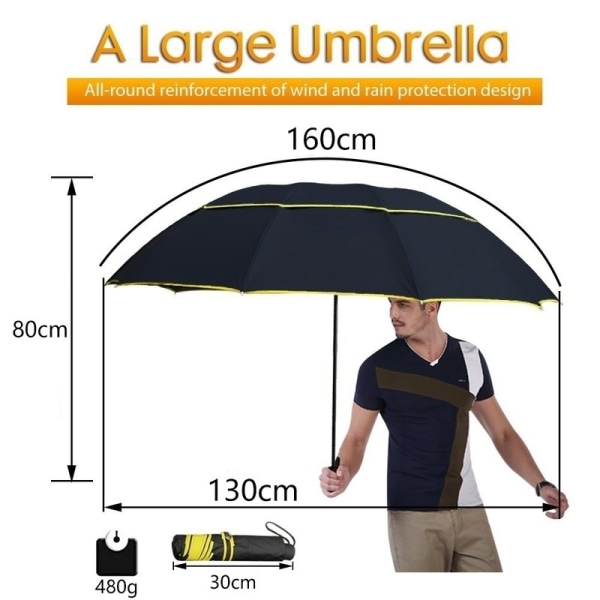 3 Vikbart dubbelt stort paraply Wind Resistance Golf Paraply black