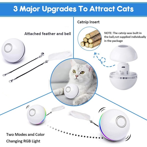 Automatisk Smart Cat Toy Ball Catnip USB Charge Färgglad LED white 2.4inch(diameter)