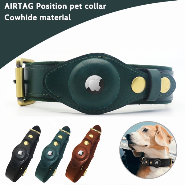 Hundhalsband tungt äkta läder med för AirTag hållare Case Pet GPS Location Tracker Black L