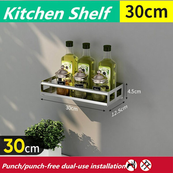Multi-Purpose Køkken Opbevaring Vægmontering Spice Rack Hyldebeslag Silver-30cm