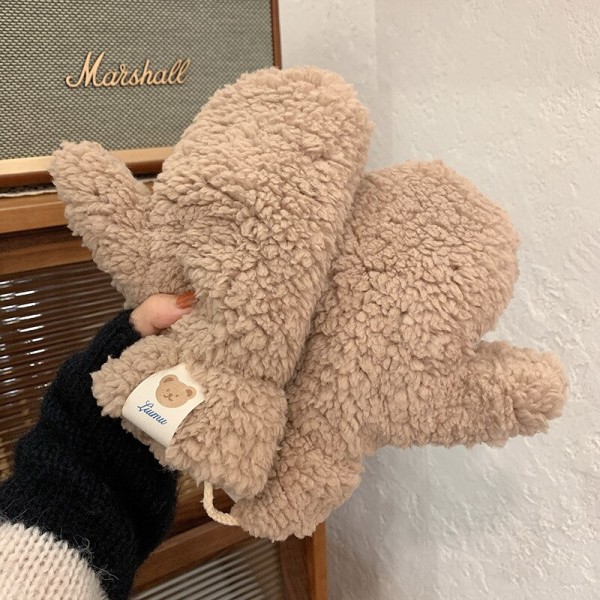 Söt Bear Soft Plysch Handskar Anime Kvinnor Vinter Varm Tjocka Fingerless Mittens khaki one size