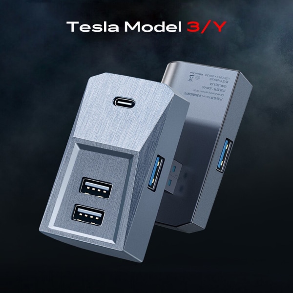Dockingstation til Tesla Model Y Model 3 Quick Charger 4 USB Shunt Hub Flocking Adapter Glovebox Usb Hub